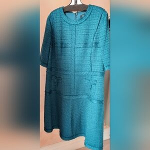 Teri Jon Teal Boucle Short-Sleeved Flaired Dress, Size 22